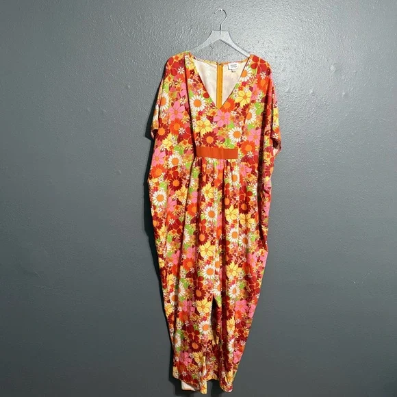 Unique Vintage Orange Flower Bunch Caftan Jumpsuit Size XL/1X - Picture 4 of 11